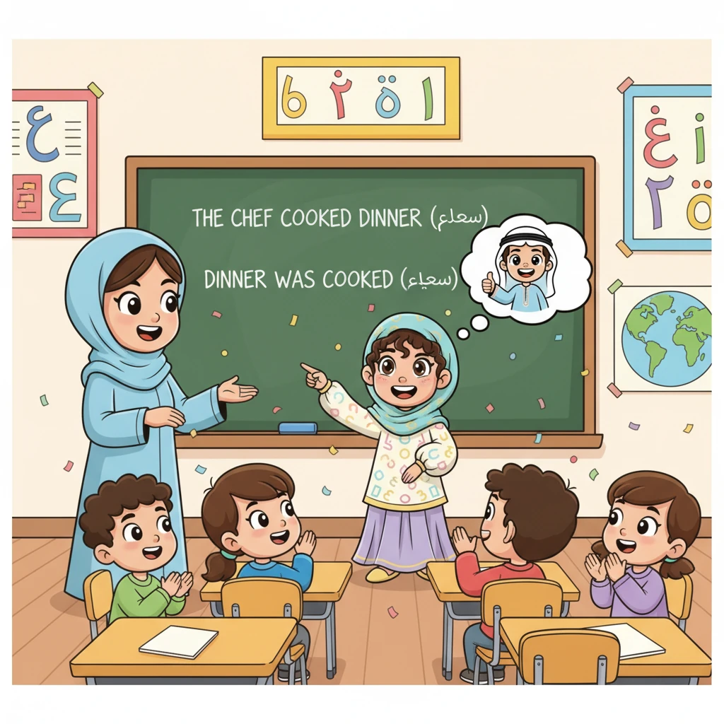 في اليوم التالي بالمدرسة، أبهرت نور معلمتها وزميلاتها بمهارتها الجديدة في تحديد الفعل المبني للمعلوم والمبني للمجهول ببراعة. ابتسمت بفخر، وهي تتذكر أستاذ فصيح الصغير الذي علمها الكثير وفتح لها أبواب المعرفة.