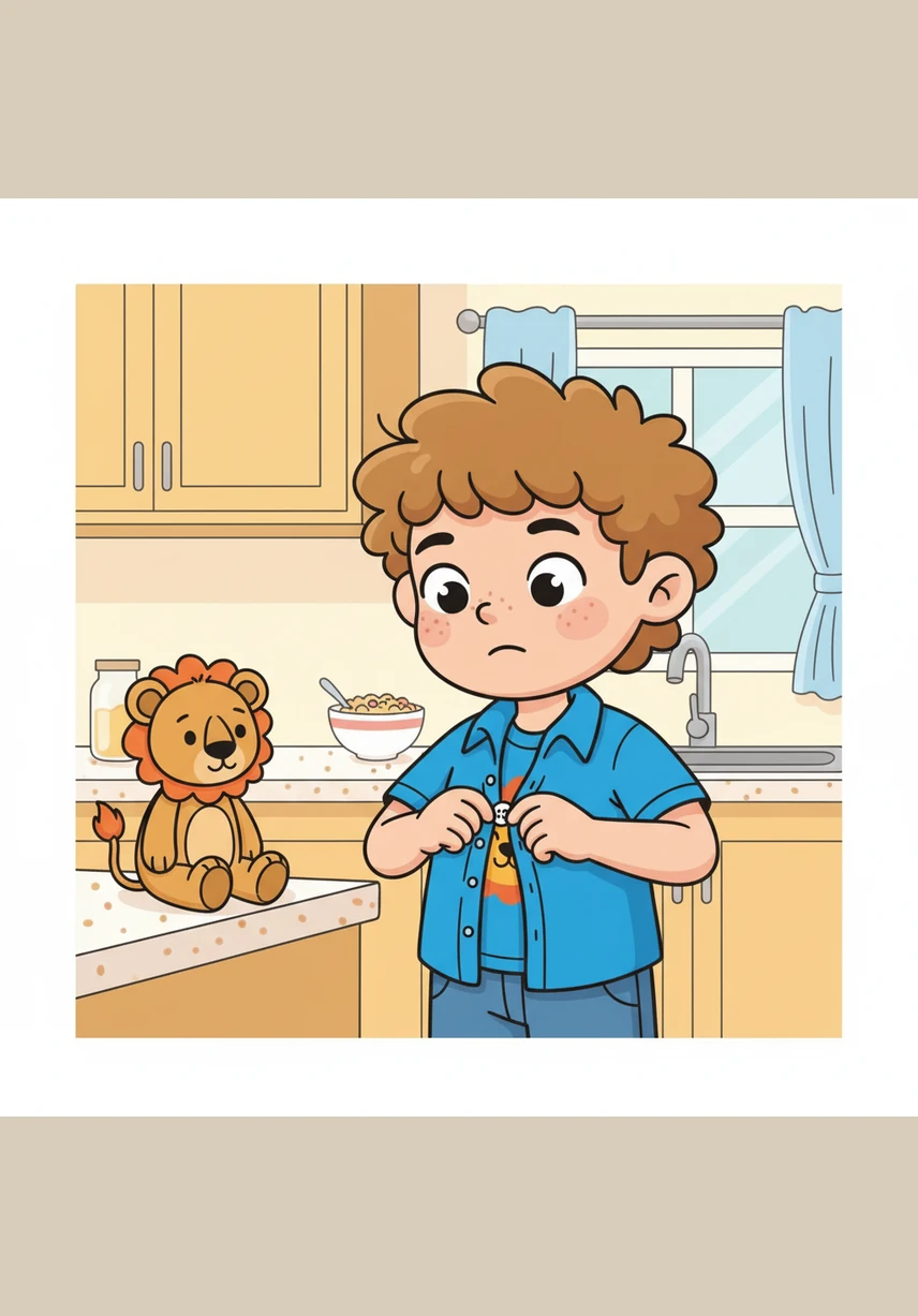 In the kitchen, Leo tries to button his favorite blue shirt, but the small buttons are tricky for his fingers. He takes a deep breath, tries again slowly, and reminds himself, I am capable of doing hard things.