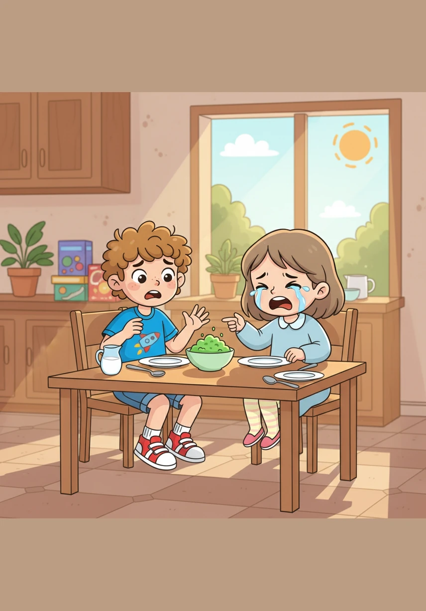 At the breakfast table, Leo looks at a bowl of bright green kiwi he has never tasted before. He takes a small, curious bite and smiles, realizing that I am brave enough to try new things.