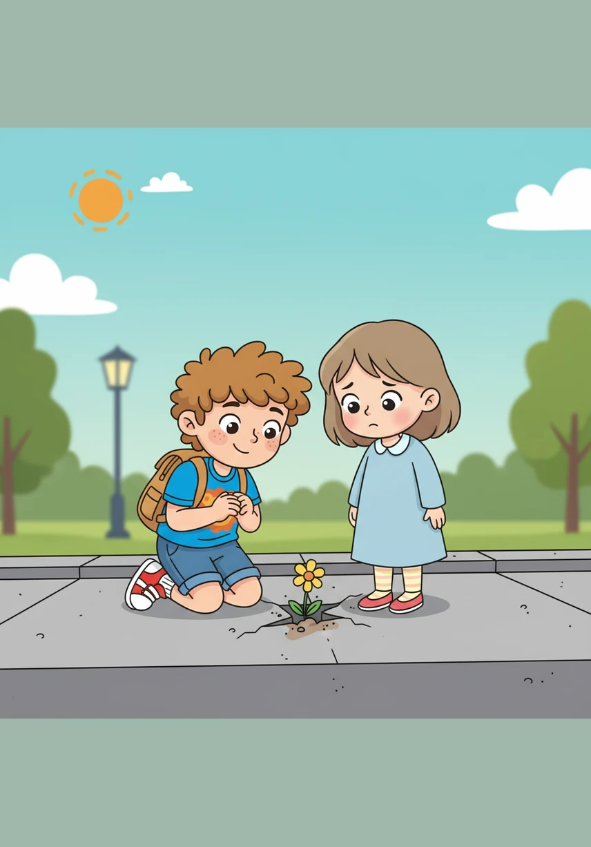 While walking to the park, Leo notices a small flower peeking through a crack in the sidewalk. He kneels down to admire its bright petals and thinks, I am observant and I appreciate the beauty around me.