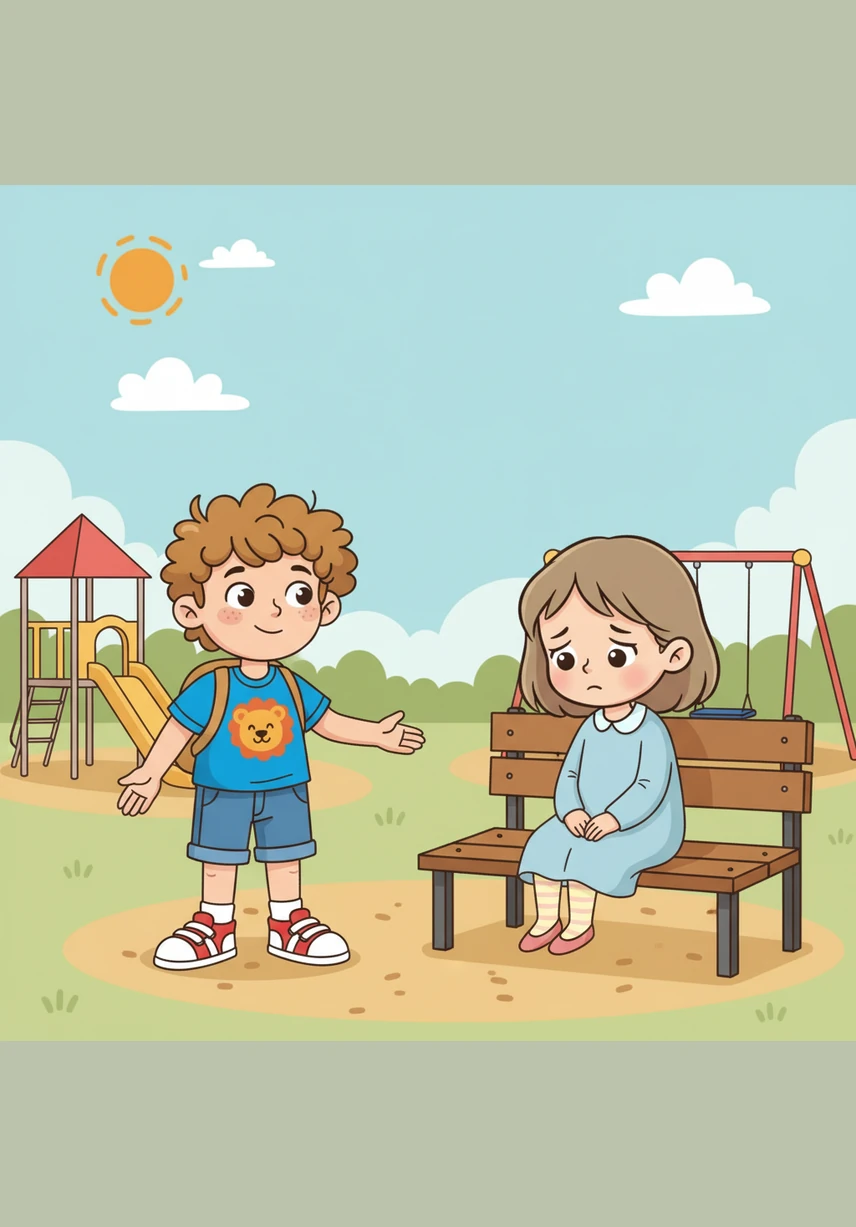 At the playground, Leo sees his friend Mia sitting alone on a bench looking a little sad. He walks over with a gentle smile and says, I have a big heart and I am a good friend.