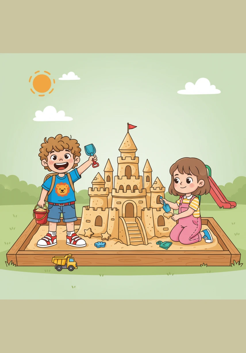 Leo and Mia decide to build a giant sandcastle in the sandbox together. As they work side by side, Leo feels happy and says, I am helpful and I love to share my joy.