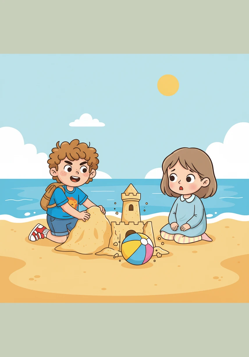 Suddenly, a stray ball rolls over and knocks down the tall tower of their sandcastle. Instead of crying, Leo starts to pile the sand back up and says, I am resilient and I can always try again.