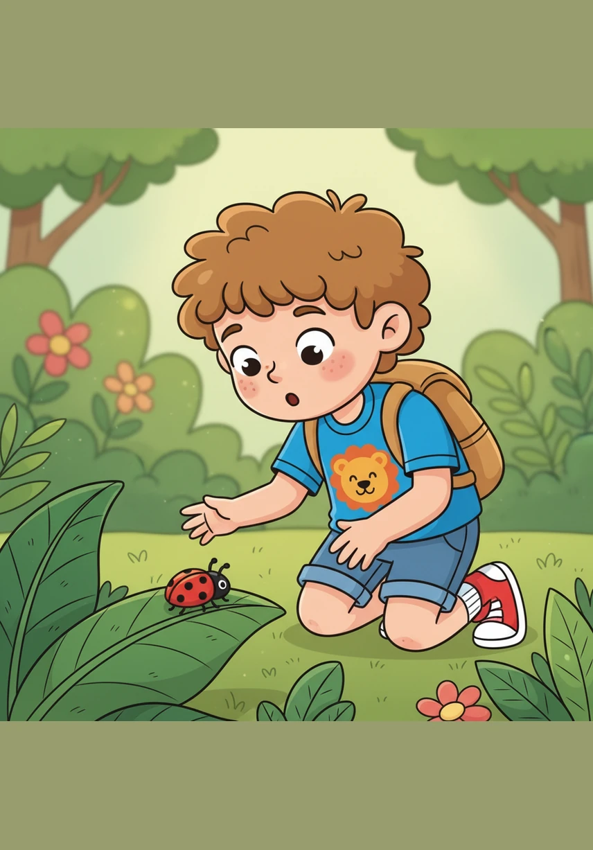 Leo finds a shiny red ladybug crawling slowly across a leaf in the garden. He watches it move with wonder and whispers softly, I am gentle and I care for all living things.