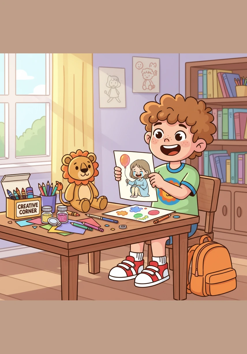 At the craft table, Leo picks up a paintbrush and looks at a blank piece of white paper. He dips the brush into bright yellow paint and thinks, I am creative and my ideas are special.