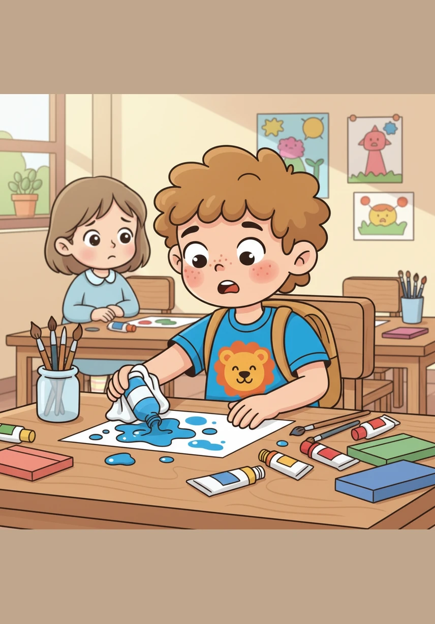 Leo accidentally spills a splash of blue paint on the table and feels his cheeks get warm. He grabs a paper towel to clean it up and says, I am responsible and I can fix my mistakes.