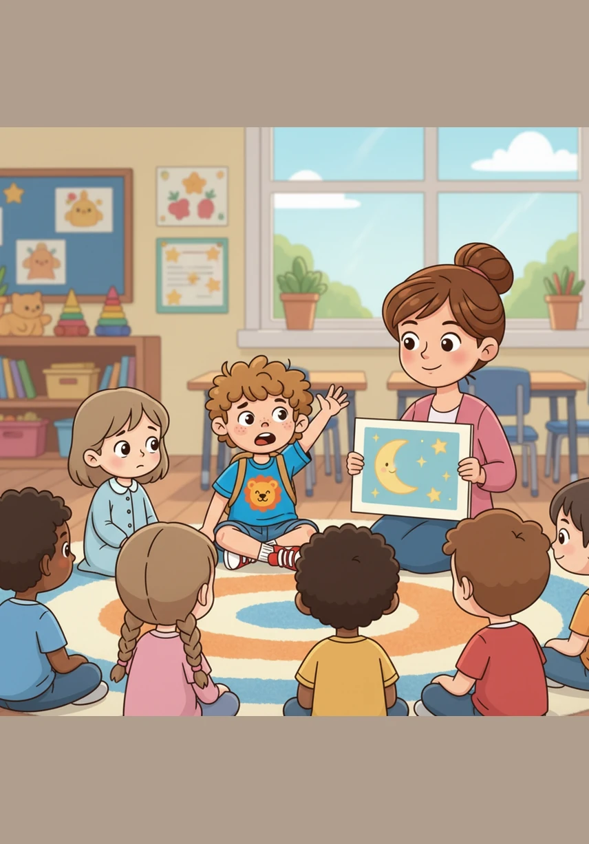 During circle time, the teacher asks a question about the stars and the moon. Leo feels butterflies in his tummy but raises his hand anyway, saying to himself, I have a voice and it deserves to be heard.