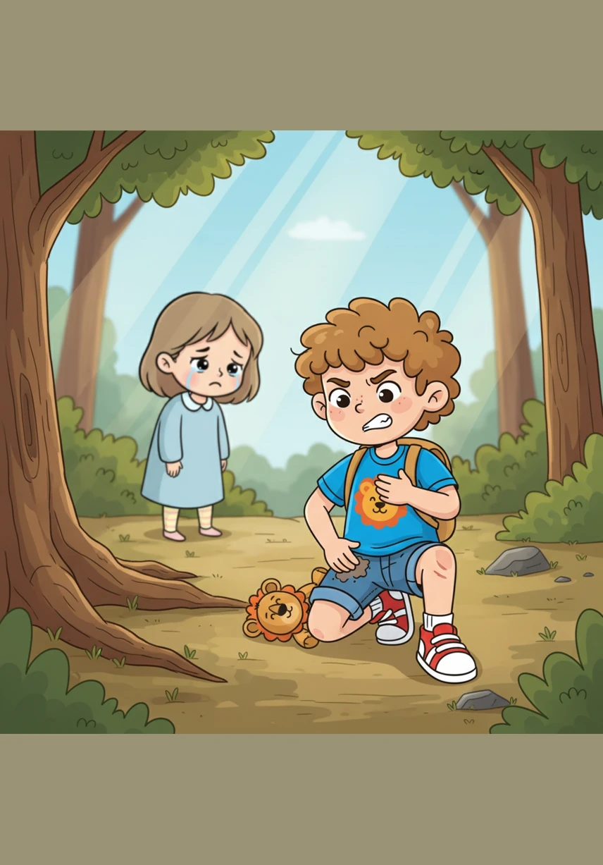 While playing tag, Leo trips on a tree root and scrapes his knee just a little bit. He brushes off the dirt, takes a calming breath, and tells himself, I am tough and I can handle small ouchies.