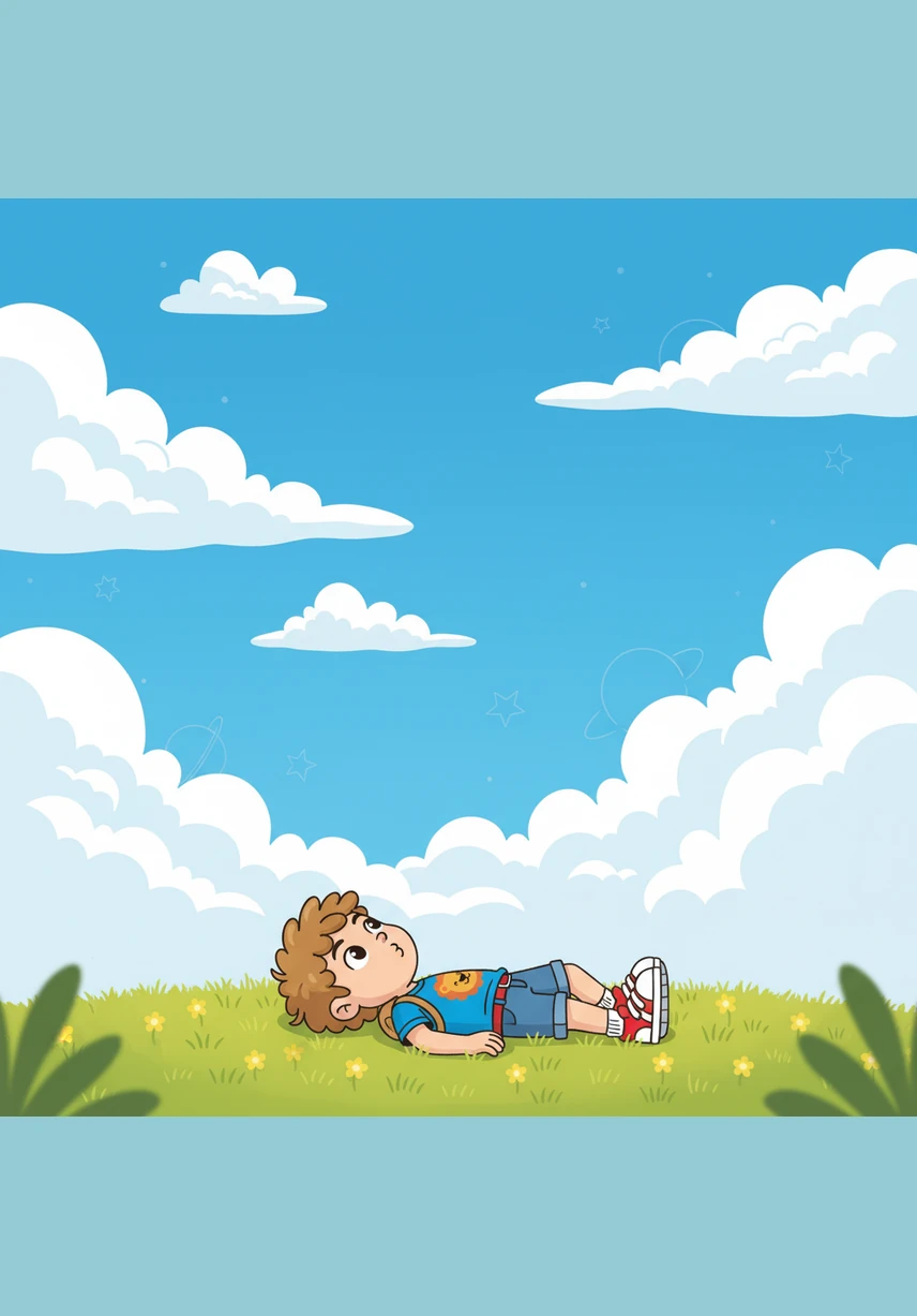 Leo looks up at the big, fluffy clouds drifting slowly across the bright blue sky. He imagines he is an astronaut exploring the galaxy and whispers, I have big dreams and I can achieve them.