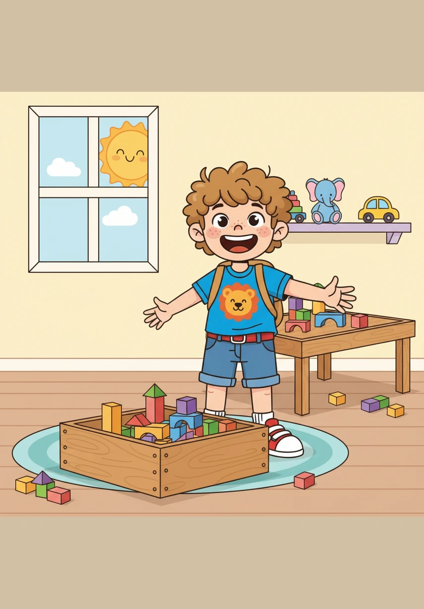 When it is time to clean up the toys, Leo works quickly to put the blocks back in their wooden bin. He looks at the tidy room and feels proud, saying, I am a helper and I make a difference.
