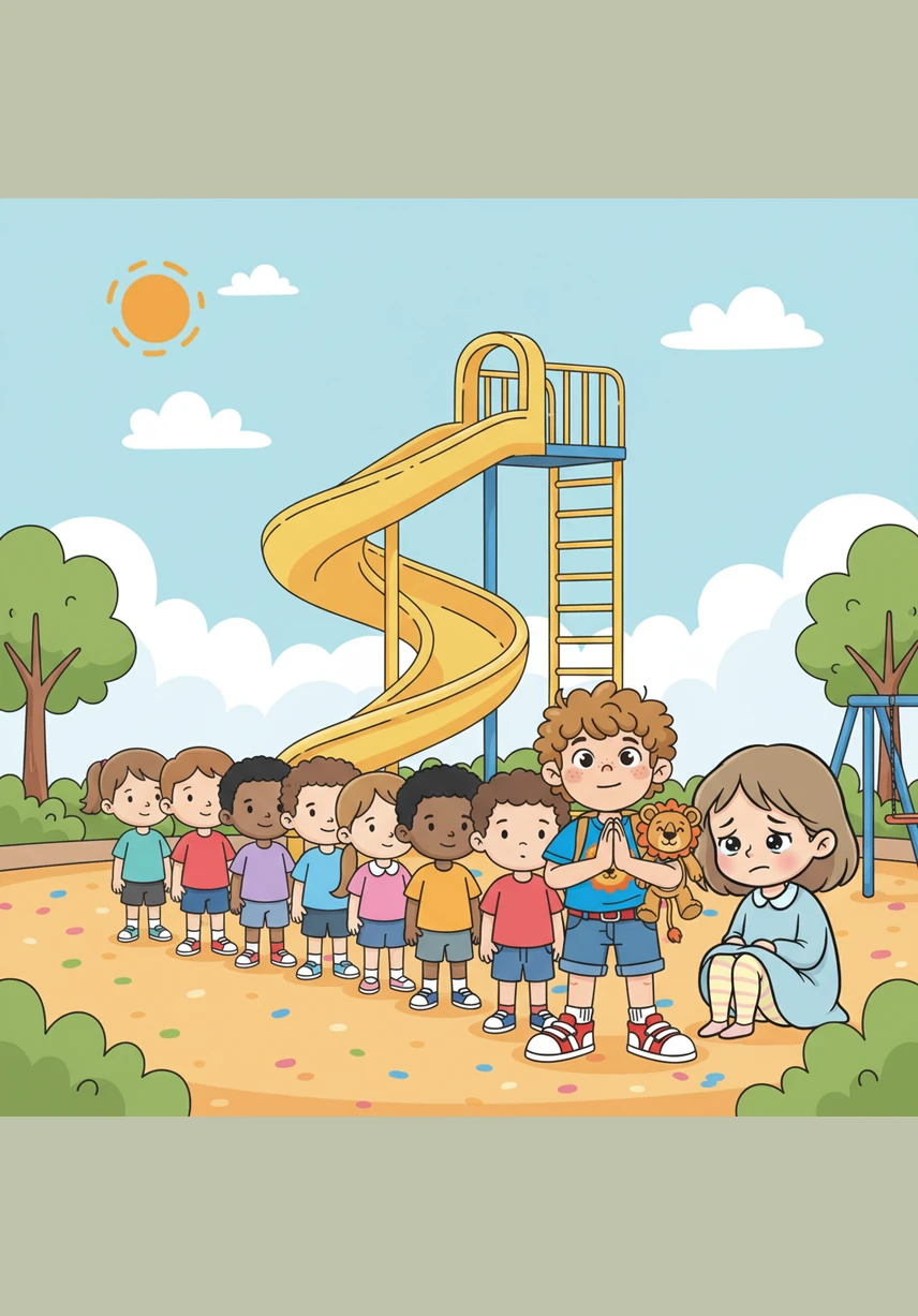 Leo wants to go down the big slide, but there is a long line of children waiting. He stands quietly in his spot and reminds himself, I am patient and I can wait for my turn.