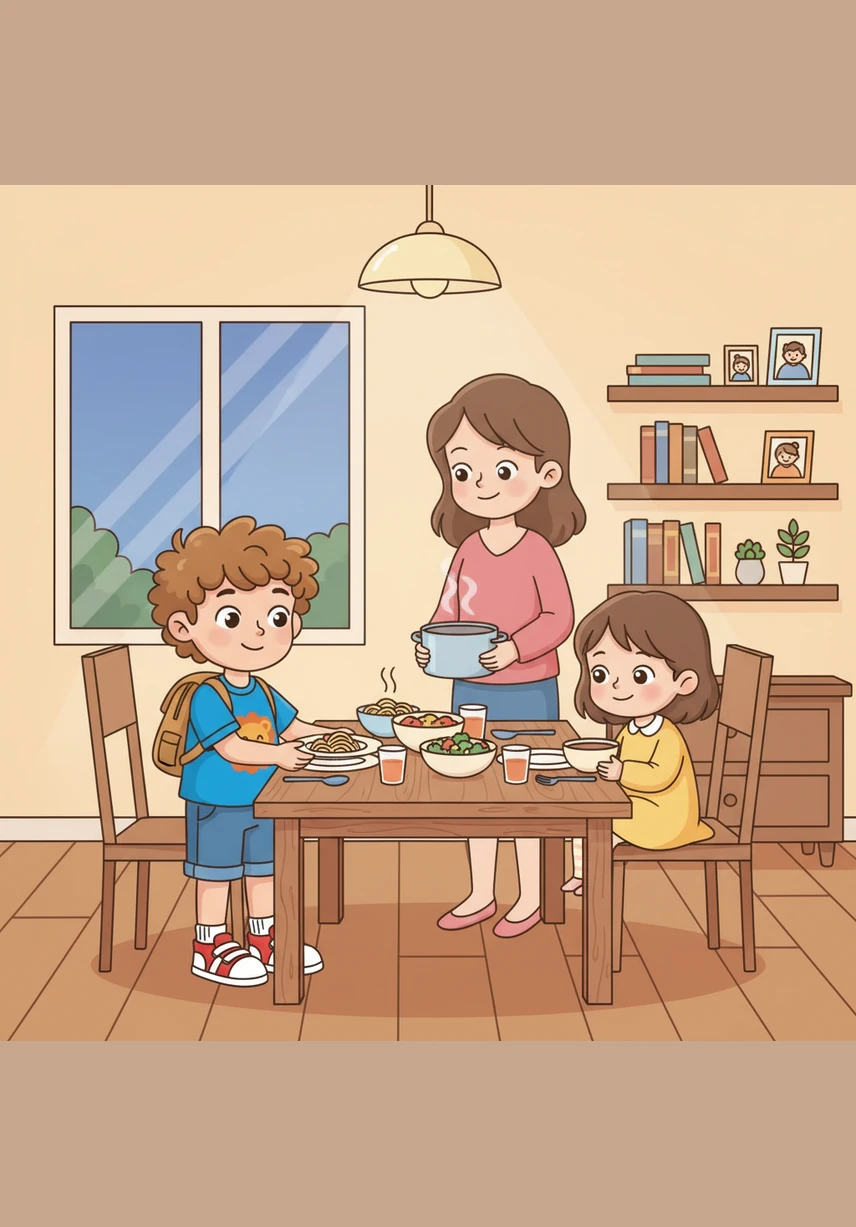 Inside the house, Leo helps set the table for dinner by carefully placing the napkins. He looks at his family and feels a warm glow in his chest, saying, I am loved and I belong.