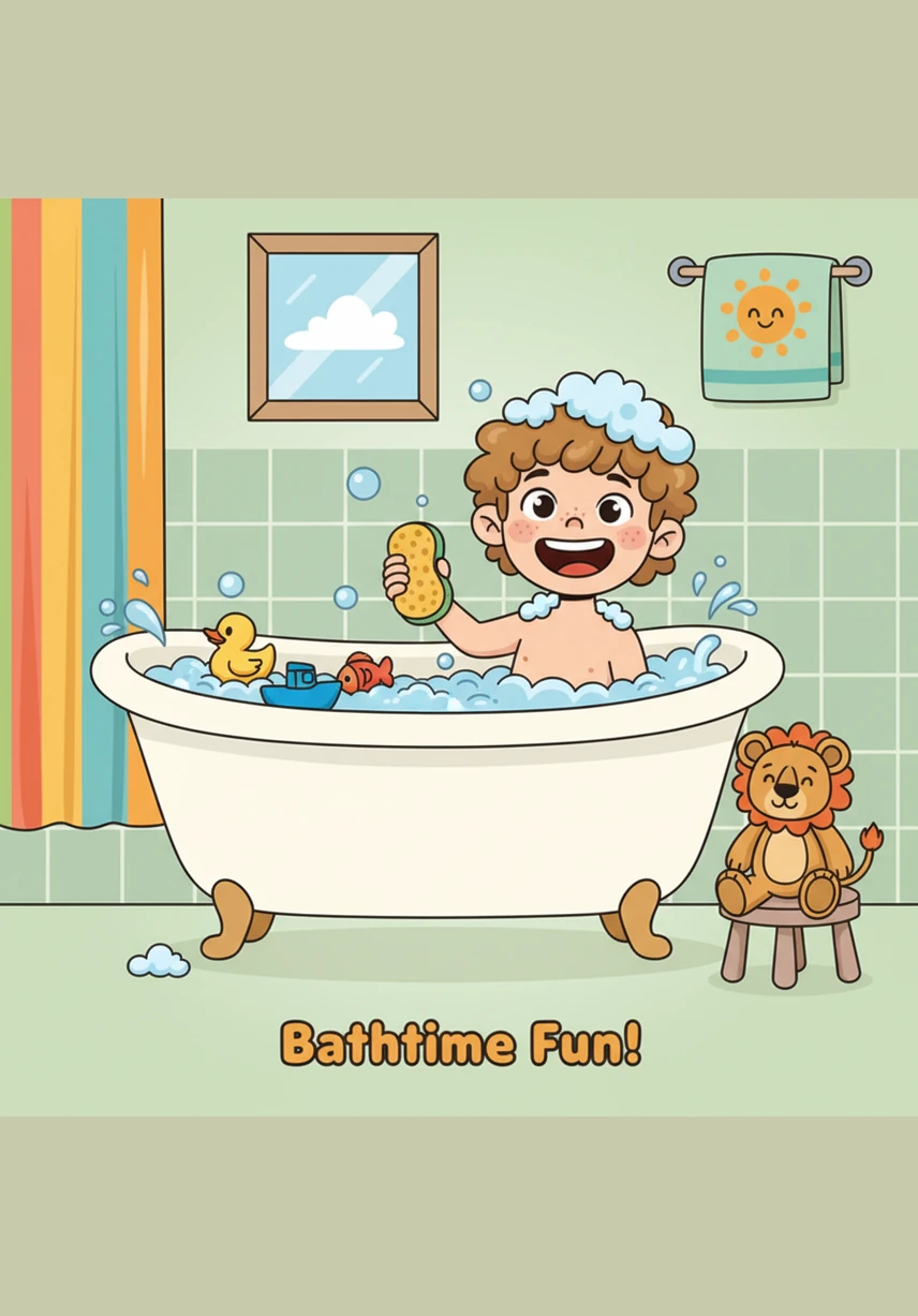 During bath time, Leo watches the soap bubbles float and pop on the surface of the water. He splashes playfully and says, I take care of my body because I am worth it.