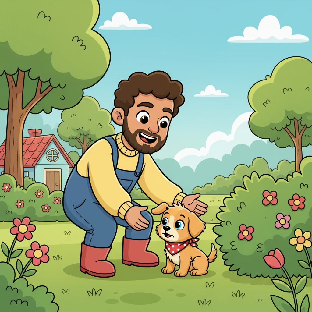 Leo, a cheerful man with a warm smile, lived in a cozy little house with a bright green garden. One sunny morning, he stumbled upon a tiny, scruffy puppy with big, innocent eyes whimpering by a bush. His heart melted instantly at the sight of the little creature.