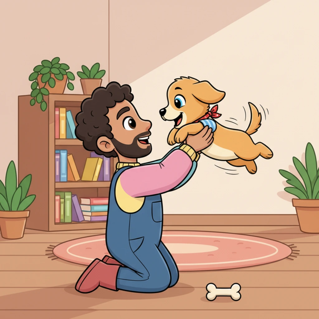 Leo gently scooped up the puppy, who immediately wagged its tail so hard its whole body wiggled. He brought the playful pup home, naming him Buddy, and watched as Buddy scampered around, sniffing every corner with boundless curiosity. Their new adventure had just begun.