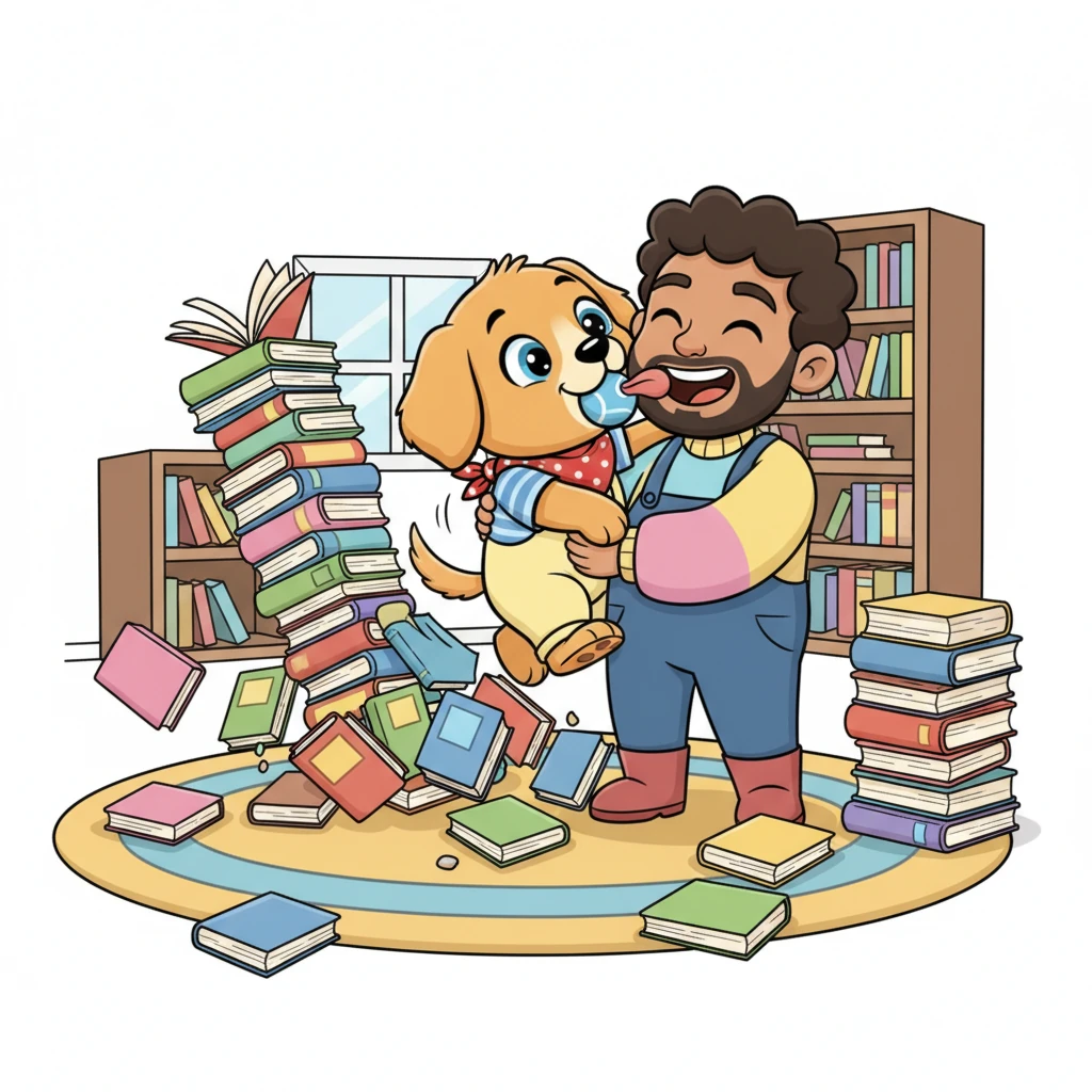 One afternoon, while playing a particularly energetic game of indoor fetch, Buddy accidentally bumped into Leo's tall stack of beloved books. Books tumbled everywhere in a comical avalanche. Leo sighed, but then Buddy licked his face, and they both burst into laughter as they started tidying up together.