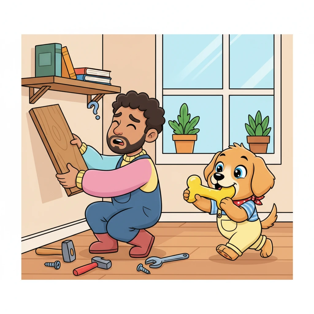 One day, Leo was attempting to fix a wobbly shelf, surrounded by tools and a puzzled expression. Buddy, observing intently, trotted over and proudly presented Leo with a squeaky toy, as if offering the perfect solution. Leo laughed heartily, appreciating Buddy's adorable attempt to help.