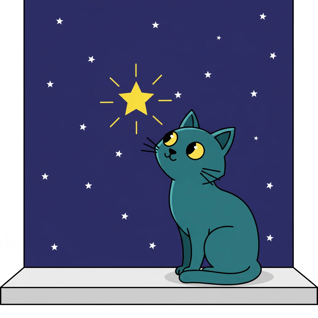 Luna, a sleek teal cat with bright yellow eyes, sat on a window sill. Outside, the night sky was a deep indigo, dotted with countless tiny white stars. One star, a vibrant yellow beacon, twinkled brighter than all the rest, captivating Luna's gaze.