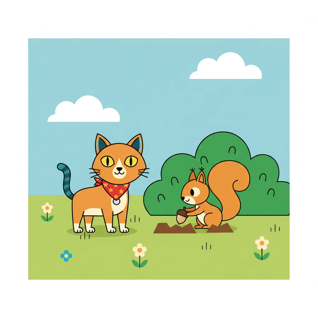 As Luna padded through the quiet garden, she met Pip, a zippy orange squirrel with a fluffy tail. Pip was burying a tiny acorn near a bold green bush. "Going on an adventure, Luna?" Pip chirped, eyes wide with curiosity.