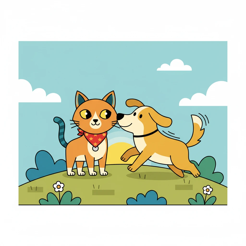 Just then, a cheerful bark echoed through the air. Buster, a friendly mustard yellow dog, bounded up the hill, his tail wagging like a happy pendulum. "Why look up so high?" Buster woofed, nudging Luna gently. "Maybe the brightest light is right here."