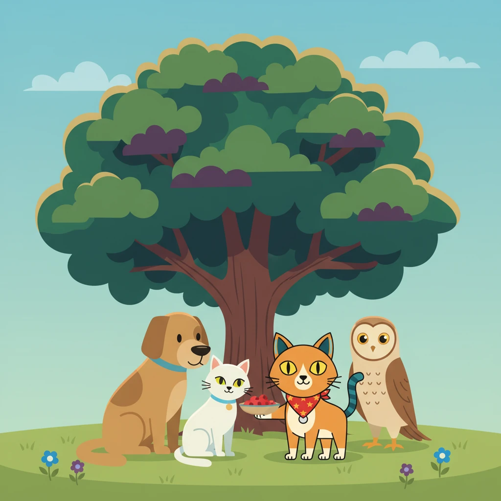 They all gathered under a grand, leafy tree, its branches a mosaic of dark green and deep purple. Pip shared a handful of berries, and Buster leaned his head on Luna's side. Barnaby watched over them with a gentle smile.
