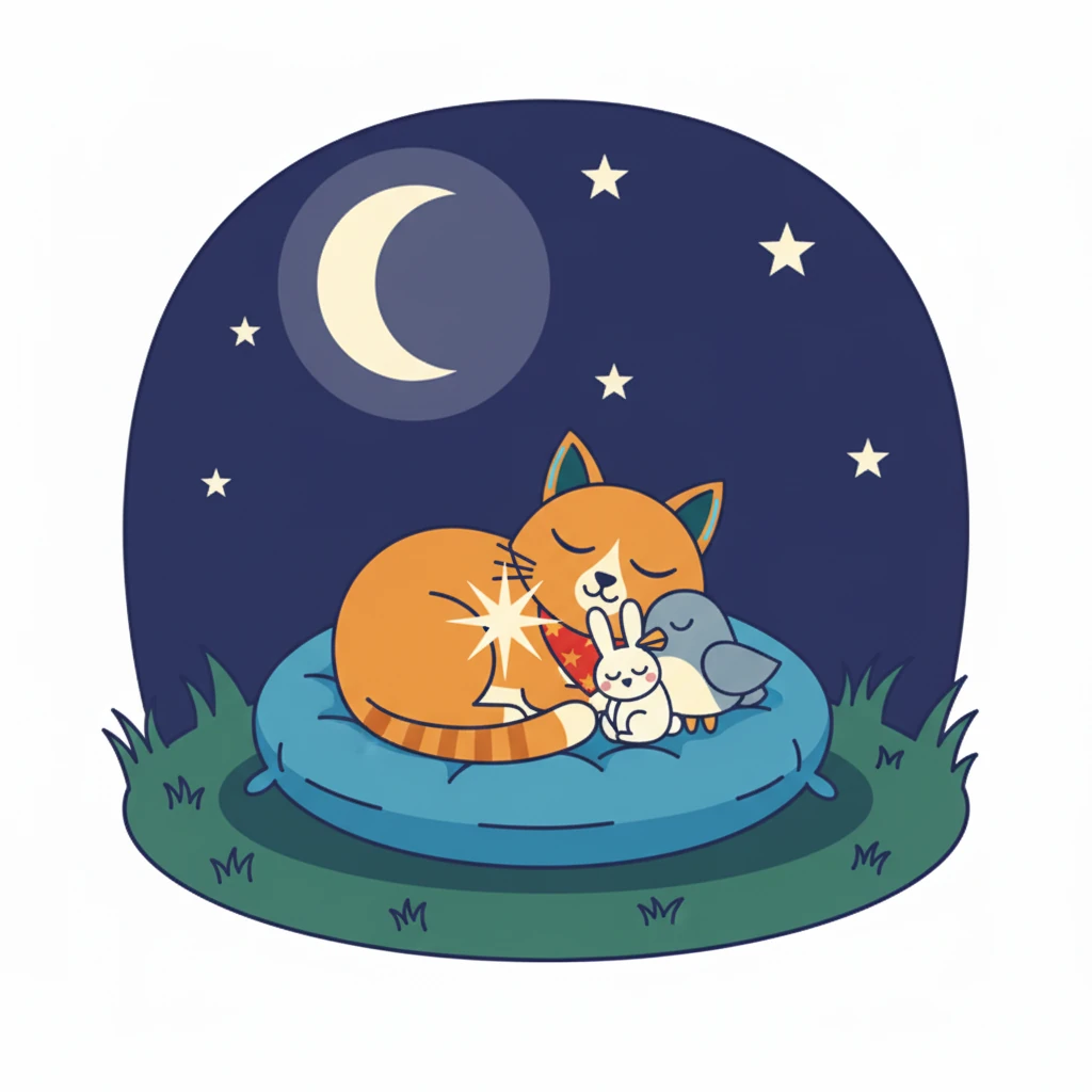 As the moon cast long, peaceful shadows, Luna curled up with her new friends. She closed her eyes, a contented purr rumbling in her chest. The brightest star wasn't out there; it was the love and friendship in her heart.