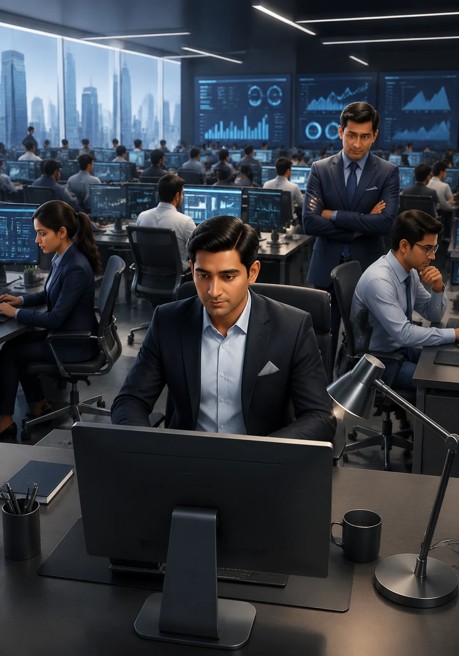 Arjun sat at his sleek, minimalist desk on the top floor of the bustling Mumbai private banking headquarters, surrounded by glowing dashboards and towering performance metrics. Around him, hundreds of employees moved in a synchronized dance of productivity, yet a heavy, unspoken silence hung in the air. Though physically close, everyone seemed wrapped in their own isolated bubbles, staring intently at screens.