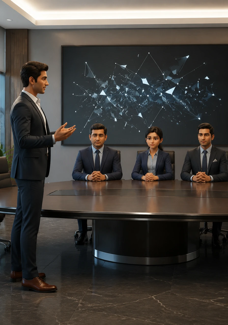 During the morning briefing, Arjun spoke clearly about KPIs and data streams, his voice echoing slightly in the vast, modern conference room. His team nodded in unison, their expressions polite but entirely blank, like figures in a muted photograph. The lines of communication on the digital whiteboard behind them appeared fragmented and disconnected, breaking apart into meaningless geometric shapes.