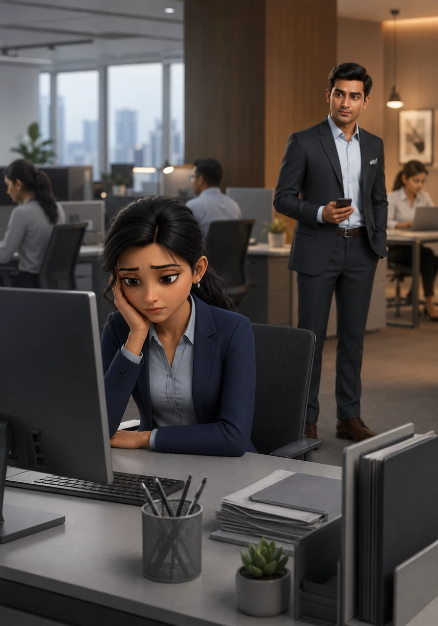 Later that afternoon, a young analyst named Priya stared at a complex spreadsheet, her shoulders slumped with unspoken exhaustion and uncertainty. Arjun watched her from across the room, noticing how the vibrant colors of the office seemed to fade to grayscale around her desk. He reached for his phone to send a routine email, hesitating as he realized he hadn't spoken a genuine word to her in weeks.