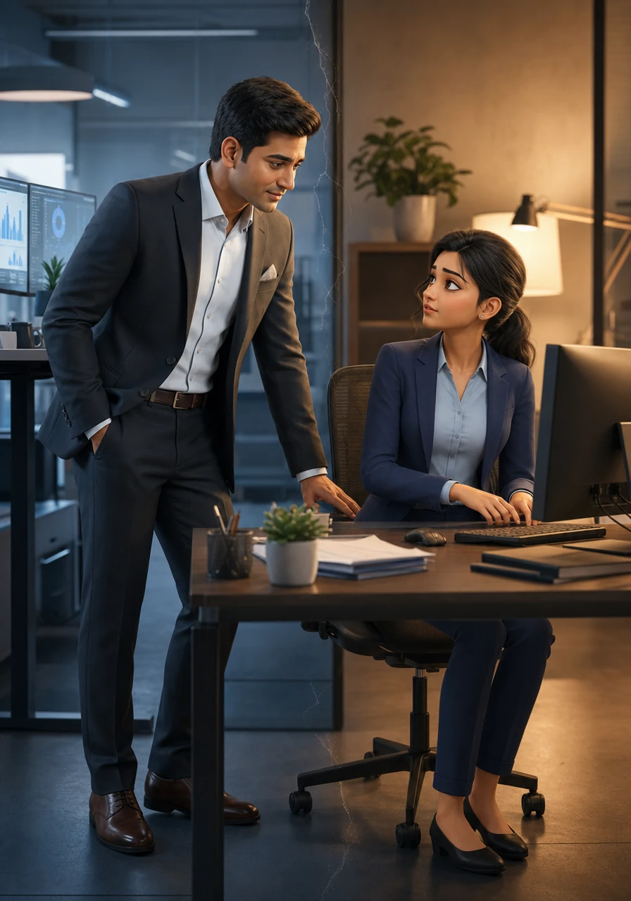 Determined to bridge the chasm, Arjun stepped away from his dashboard and walked over to Priya's desk, intentionally leaving his devices behind. As he gently asked how she was truly doing with the new project, the subtle visual wall between them cracked, allowing a sudden warmth to bleed back into the space. Priya looked up, surprised by the genuine eye contact, her defensive posture softening immediately.