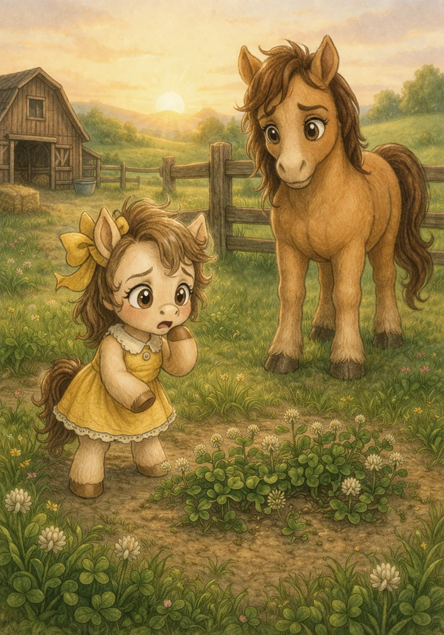 The sun rises over the rolling hills of Meadowbrook, but the morning air feels unusually quiet at the pony farm. Pip looks at the empty spot where her little sister, Daisy, usually nibbles on sweet clover, realizing something is very wrong.