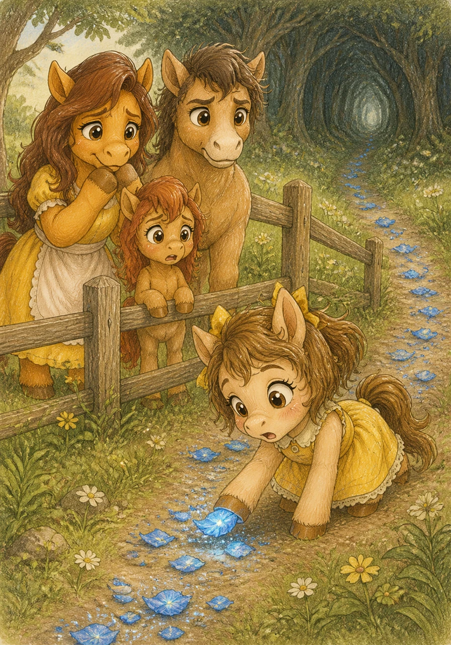 Mama Marigold and Papa Bramble gather the family together, their eyes filled with worry as they search the paddock. Near the fence, Pip discovers a trail of shimmering blue flower petals that don't belong in their meadow, leading straight toward the Whispering Woods.