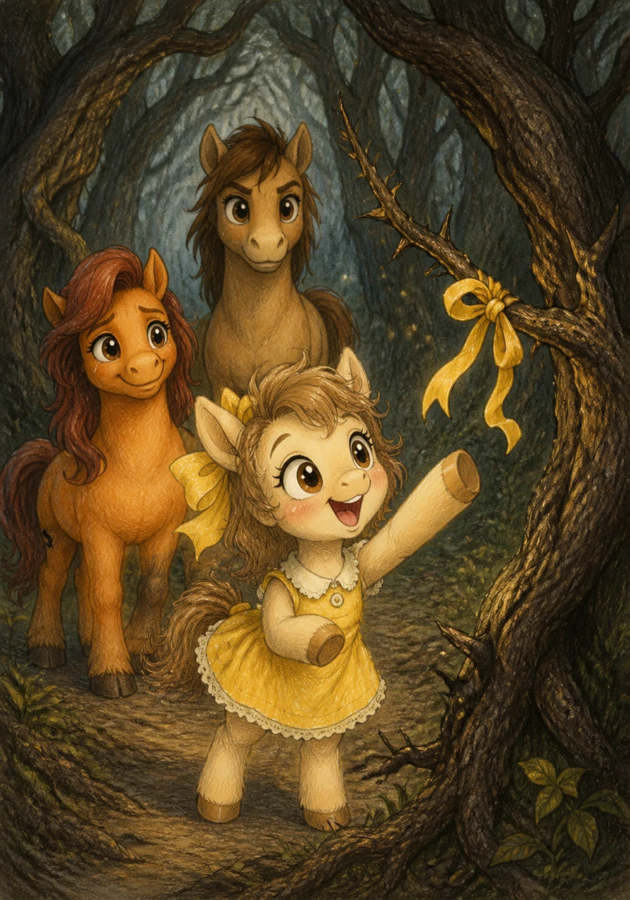 The family steps into the deep shadows of the Whispering Woods, where the ancient trees seem to murmur secrets to one another. Pip’s heart leaps when she spots a familiar yellow ribbon caught on a thorny branch, confirming they are on the right track.