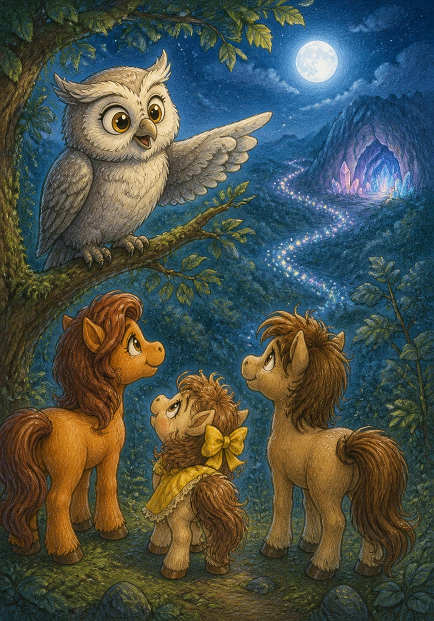 High above in the canopy, a wise old owl with silver feathers watches the ponies with curious eyes. He hoots softly, pointing his wing toward the distant Crystal Caves where he saw a trail of magical sparkles dancing in the moonlight.