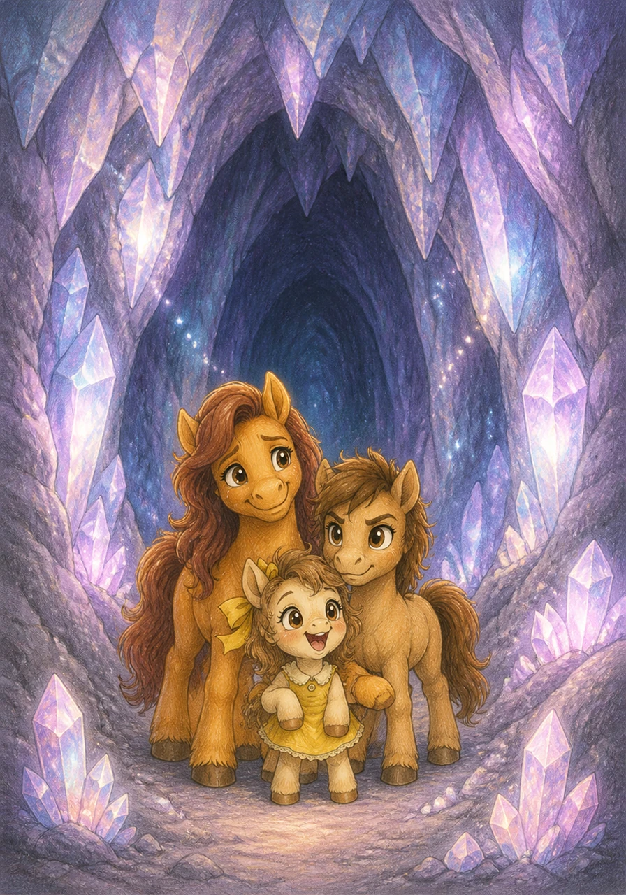 The ponies reach the towering entrance of the Crystal Caves, where the walls shimmer with a soft, ethereal glow. Though the cave looks vast and intimidating, the family huddles close together, their courage outshining the shadows.