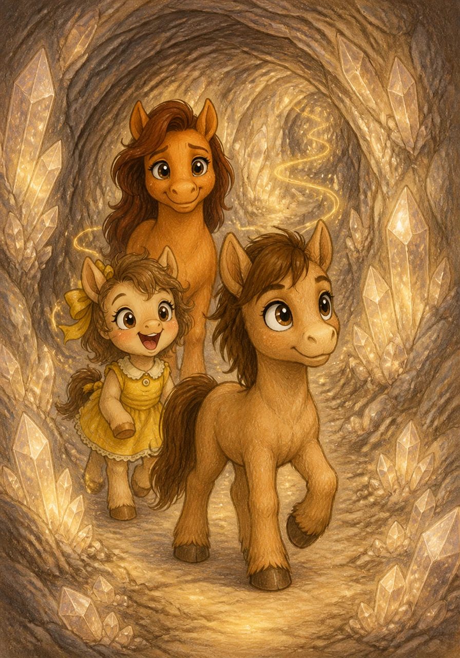 Deep within the winding tunnels, a faint, rhythmic humming sound echoes against the quartz walls. Pip leads the way, her hooves clicking softly on the stone as she follows the sweet melody through a narrow passage.