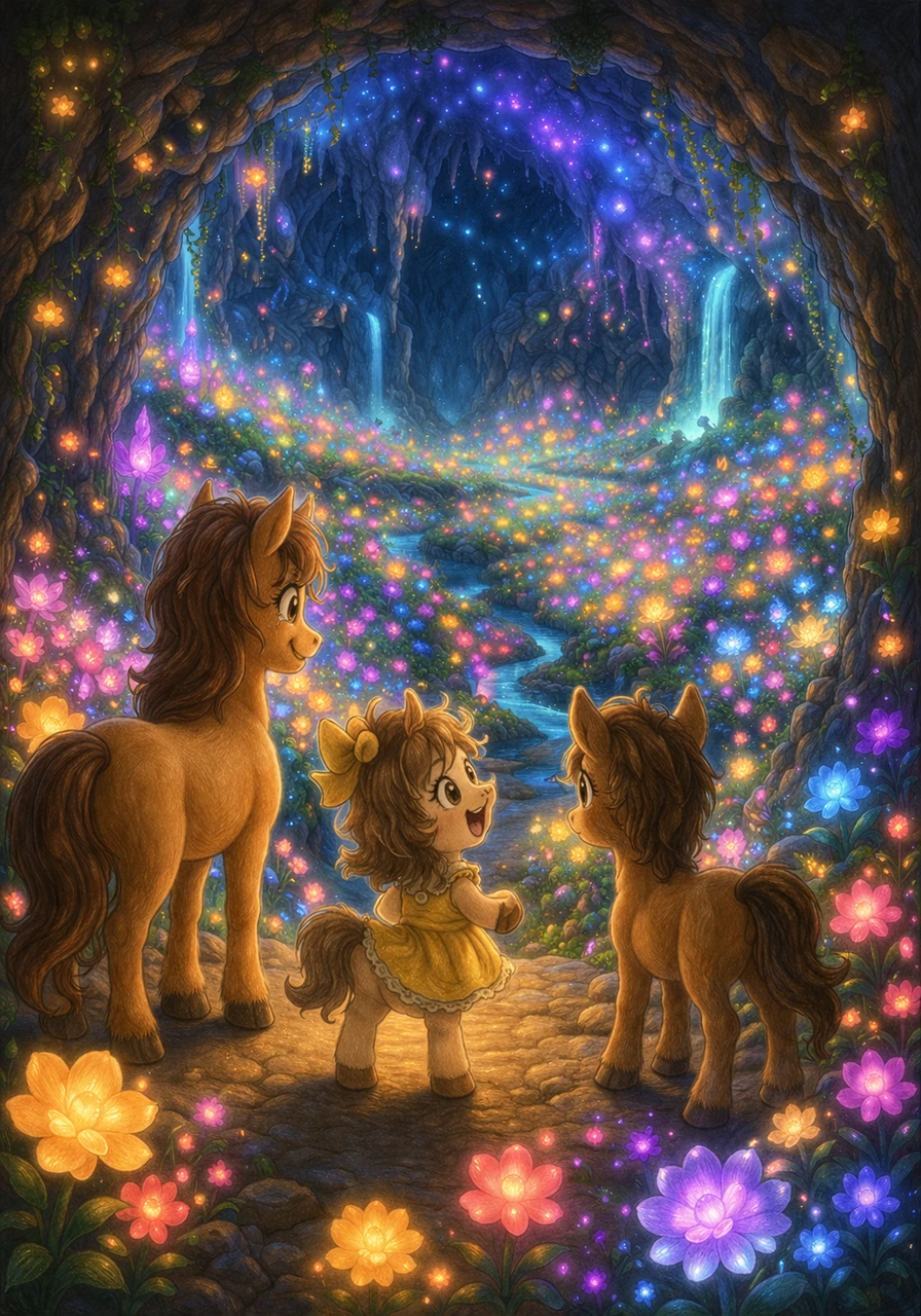 The tunnel opens into a breathtaking underground meadow, hidden away from the rest of the world. Thousands of bioluminescent flowers bloom in every color of the rainbow, lighting up the cavern like a fallen galaxy.