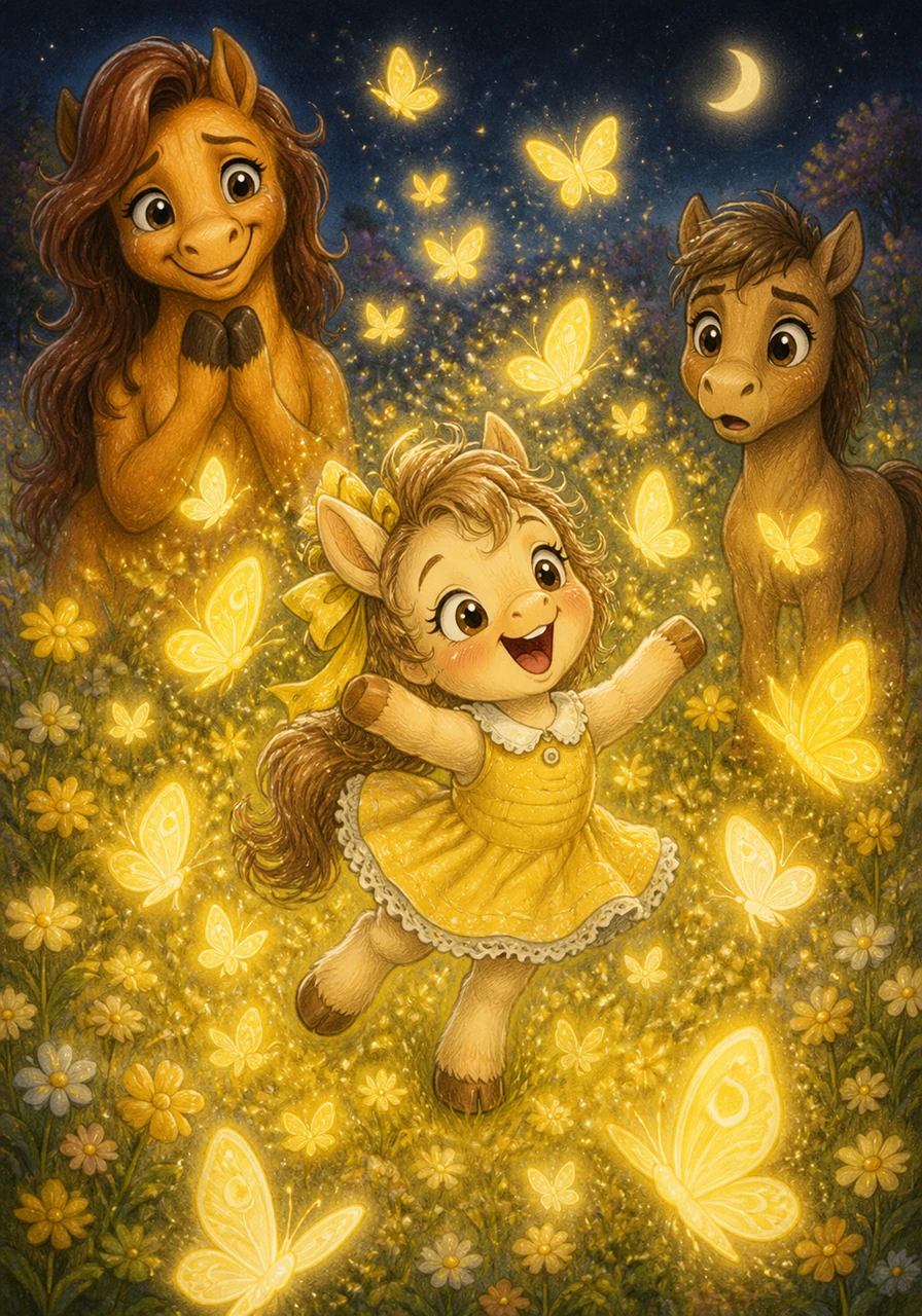 In the center of the glowing field, they find Daisy laughing and dancing with a swarm of shimmering moon-butterflies. The tiny creatures had led her on a magical chase, and she was so enchanted she forgot the way home.