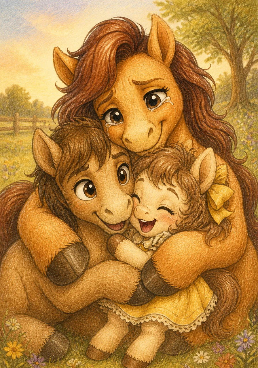Tears of joy fill Mama Marigold’s eyes as the family rushes forward to embrace Daisy in a giant pony huddle. Daisy apologizes for wandering off, her heart full of the magic she found and the love of her family.