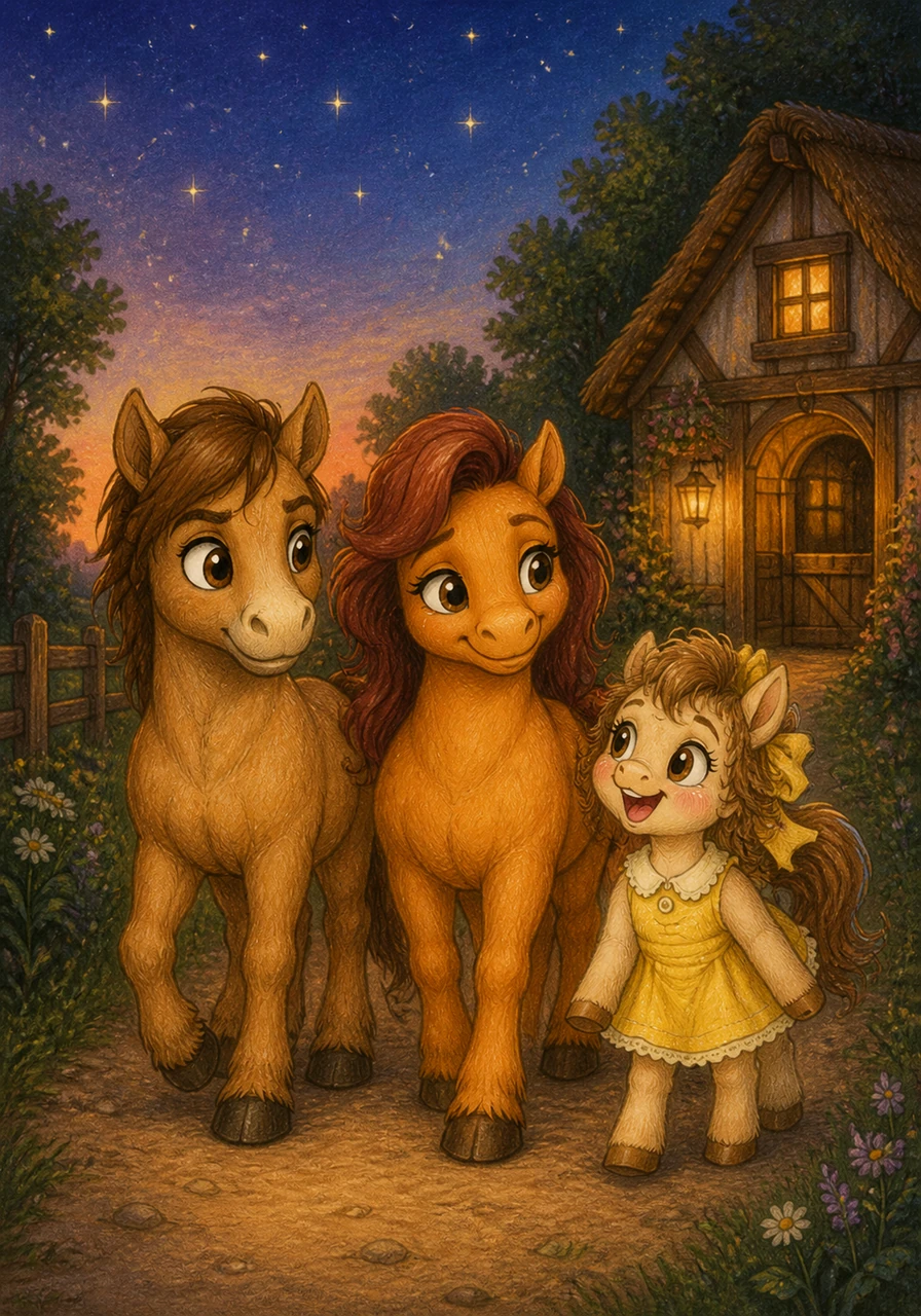 As the stars begin to twinkle in the night sky, the pony family walks back home together, side by side. They have solved the mystery and learned that no matter how far they wander, they will always find their way back to each other.