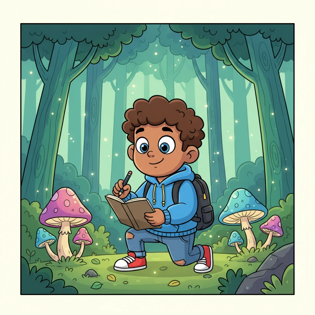 Andre, a curious 14-year-old, ventures deep into the vibrant Whispering Woods, a place he's always been told to avoid. He's sketching unusual plants in his notebook, his face alight with wonder. The towering, friendly-looking trees and glowing mushrooms make the forest feel alive.