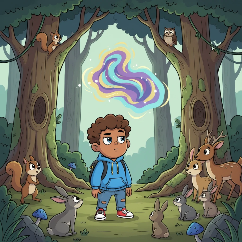 A strange, shimmering light flickers between the ancient trees, catching Andre's eye. He shrugs it off, thinking it's just a trick of the light, but a faint, unsettling hum begins to resonate through the air. All the forest critters suddenly fall silent, their eyes wide.