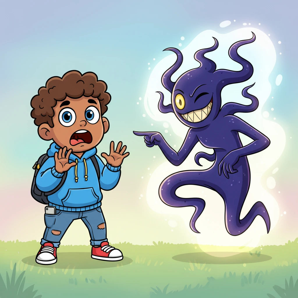 A mischievous, shadowy figure with glowing eyes and long, coiling limbs emerges from the shimmering light. It's not outright terrifying, but its grin is too wide, its movements too fluid. It points a playful, bony finger at Andre and winks with a knowing gleam.