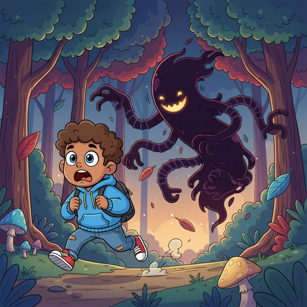 Andre, startled, turns to run, his heart pounding like a drum against his ribs. The shadowy figure, chuckling softly, begins to float after him, its coiling limbs stretching and contracting like springs. The chase has begun, a whimsical but terrifying dance through the woods.