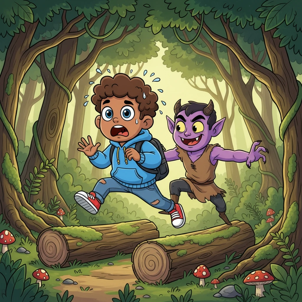 Andre leaps over fallen logs and dodges ancient, gnarled trees, his cartoonishly long legs pumping furiously. The demon is always just a few steps behind, its exaggerated features showing a mix of amusement and relentless pursuit. Beads of sweat fly from Andre's brow as he pushes onward.