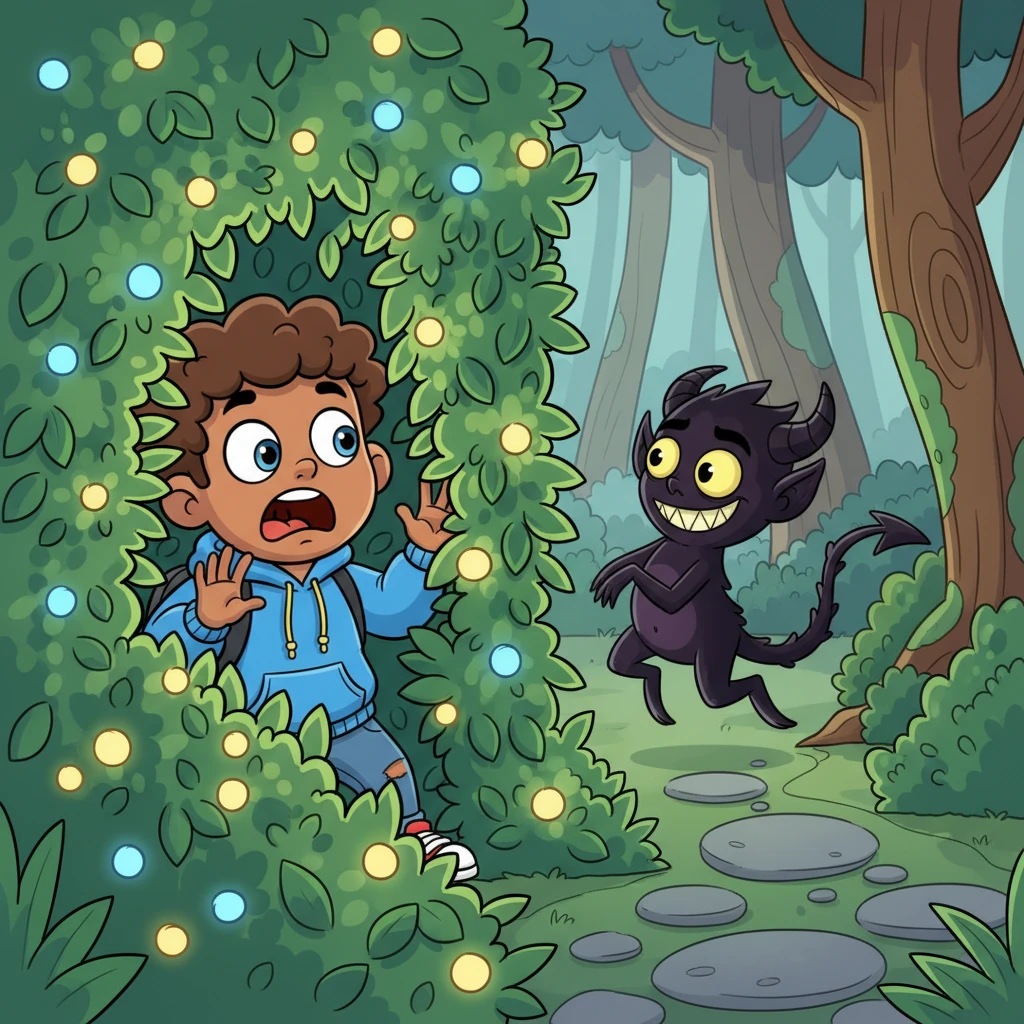 Andre dives into a thicket of glowing berry bushes, hoping to hide from his pursuer. He peeks out, his eyes wide with fear, as the demon glides past, its head swiveling comically. It seems to enjoy the game, its shadowy tail flicking impatiently.