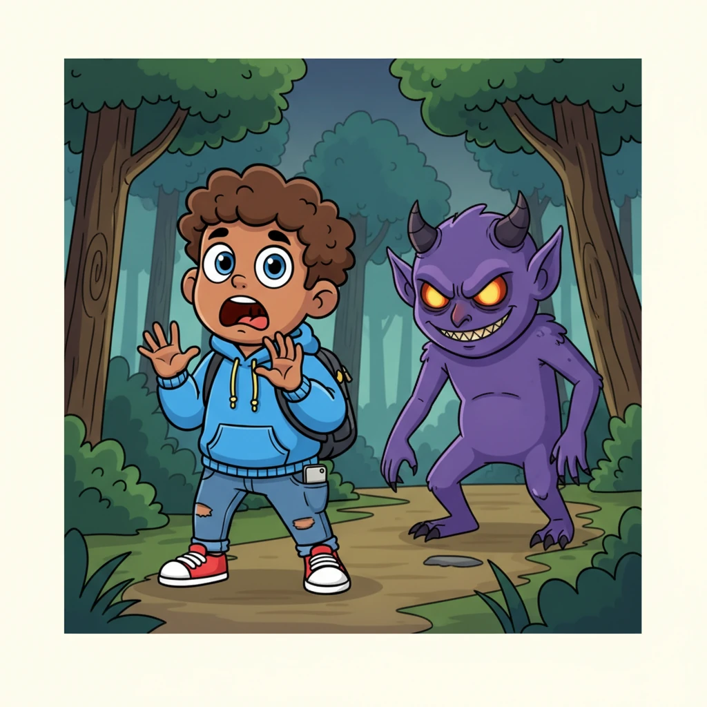 Suddenly, the demon appears right in front of Andre, blocking his path through the trees. Andre gasps, his knees wobbly with exhaustion and fright. The demon's glowing eyes fix on him, no longer playful, but with a deep, ancient hunger that chills him to the bone.