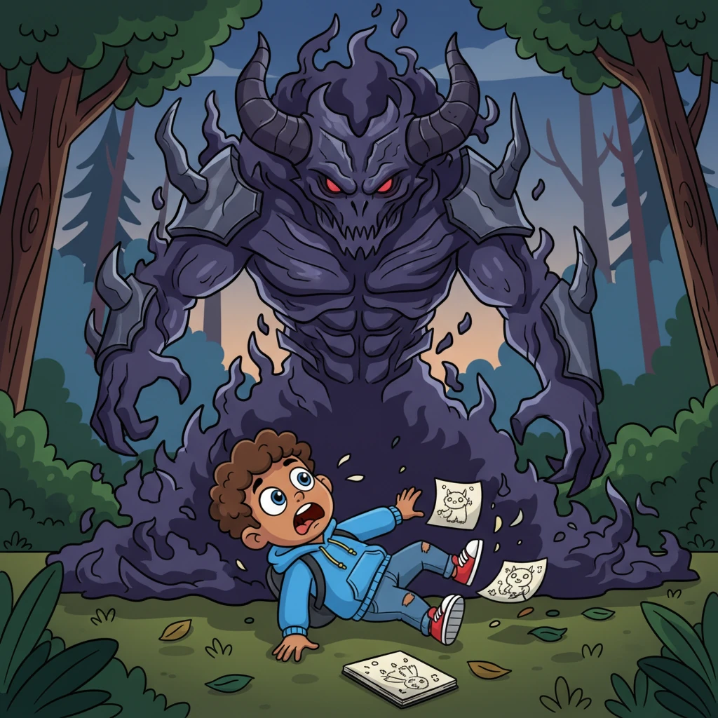 Andre tries to push past, but the demon's form is like smoke and iron, utterly impenetrable. He stumbles, falling to the soft forest floor, his sketchpad scattering its pages around him. The demon looms over him, its vast shadow engulfing him completely.