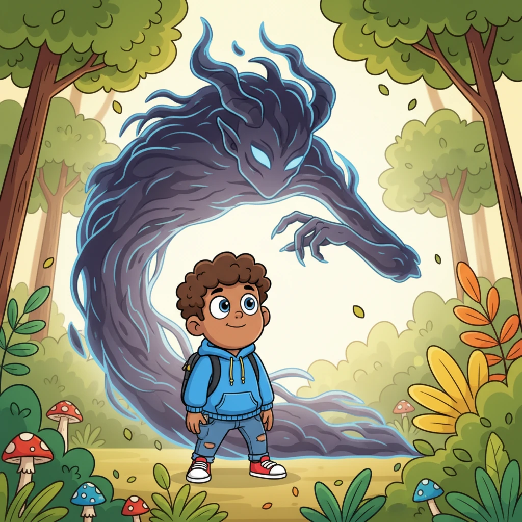 The demon reaches out a long, shadowy hand, not to harm, but to envelop Andre completely. Andre looks up, his fear replaced by a strange, peaceful calm as the vibrant forest around him seems to brighten, then blur and soften at the edges.