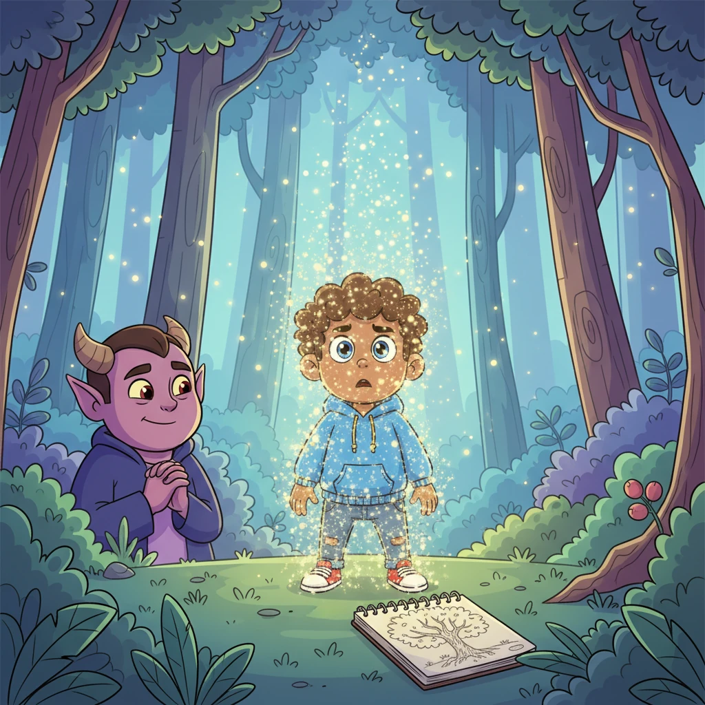 Andre's form begins to shimmer and fade, dissolving into sparkling motes of light that drift upwards, becoming one with the glowing forest. His sketchpad lies open on the ground, a final drawing of a shimmering tree on its page, as the demon watches with a serene, almost satisfied expression. He became part of the magical forest he loved.